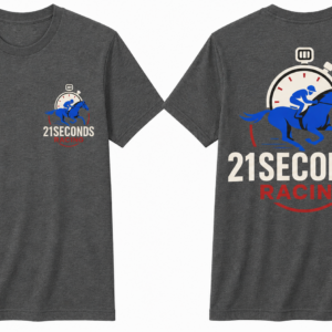 21 Seconds Front Pocket and Full Back Charcoal Tee Red, Blue, and White